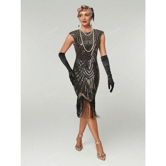✨ Flapper Great Gatsby 1920s Retro Tassel Fringe Gold Sequin Dress SIZE XL NEW - Picture 15 of 15